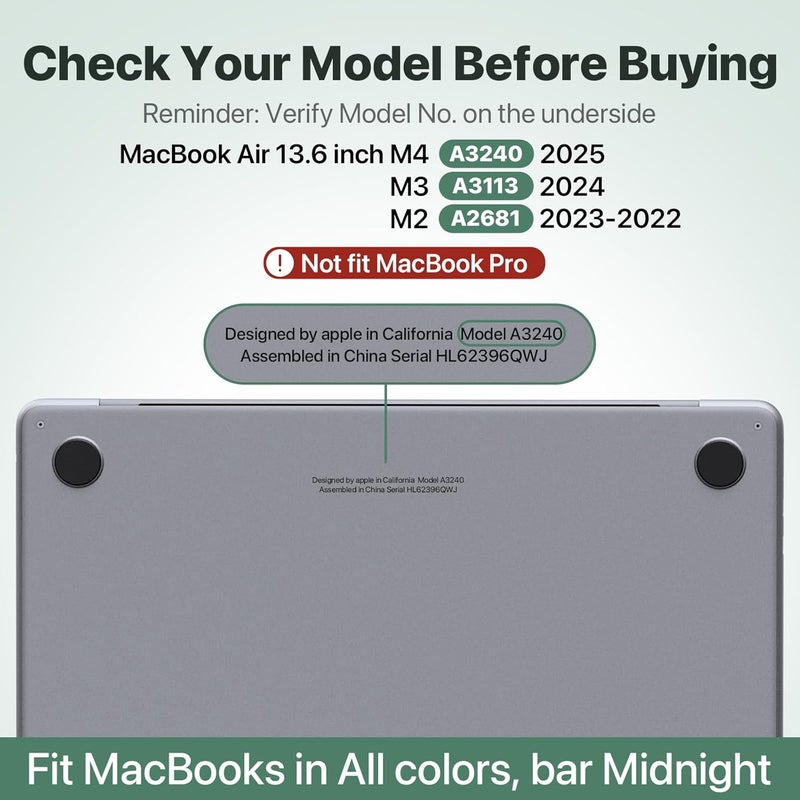 soonjet غطاء غير لامع لجهاز MacBook Air 13/13.6 بوصة (M4/M3/M2، موديلات 2022–2025 A3240 A3113 A2681)، خفيف الوزن | مقاوم للخدوش وبصمات الأصابع | يغلق بسلاسة | مثالي للعمل والسفر والدراسة - Image 2